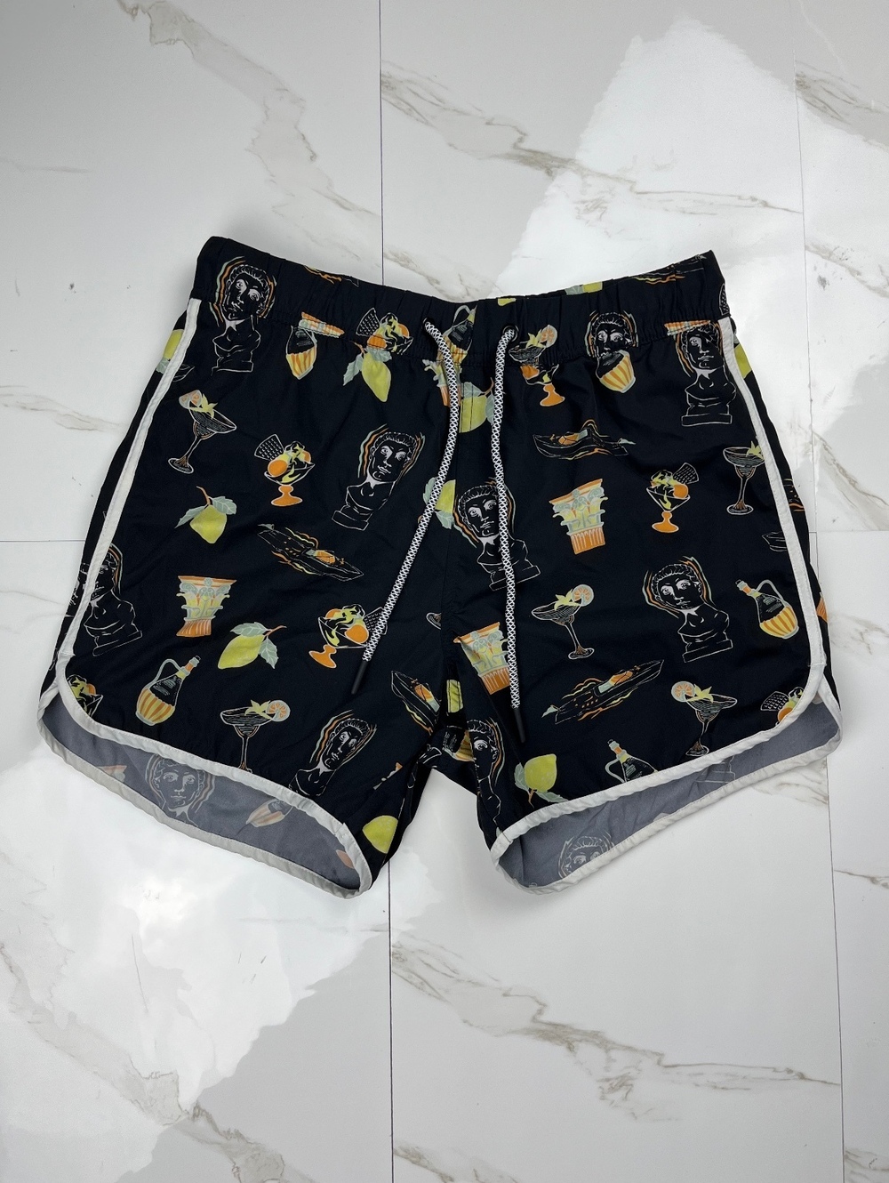 Men's Black Swim Trunks with Cocktail and Statue Print, Size